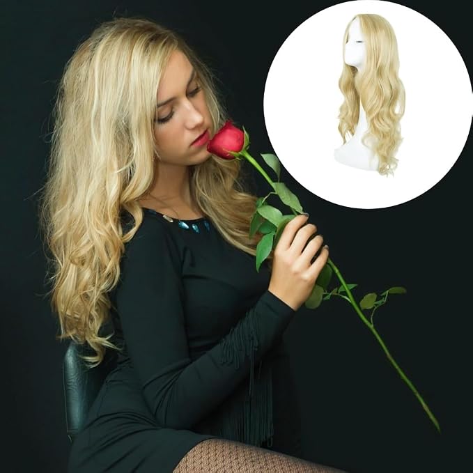 Long Blonde Curly Wave Wig 27 Inch, Full Synthetic Hair Replacement Wig for Women and Girls, Charming Wavy Hairstyle for Cosplay, Parties, Fancy Dress & Daily Wear