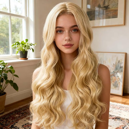 Long Blonde Curly Wave Wig 27 Inch, Full Synthetic Hair Replacement Wig for Women and Girls, Charming Wavy Hairstyle for Cosplay, Parties, Fancy Dress & Daily Wear